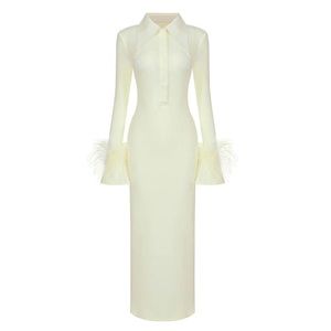 Beige yellow dress with fur sleeves in size S